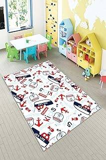 Pelangi Beyaz Gemi Ve Çapa Desenli Yıkanabilir Kaymaz Taban Leke Tutmazbebek Ve Çocuk Odası Halısı, Beyaz-Lacivert 80 x 350 - 1