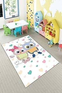 Pelangi Beyaz Kalp Ve Kuş Deseni Yıkanabilir Kaymaz Taban Leke Tutmazbebek Ve Çocuk Odası Halısı, Beyaz-Mavi 120 x 160, 901357098120160
