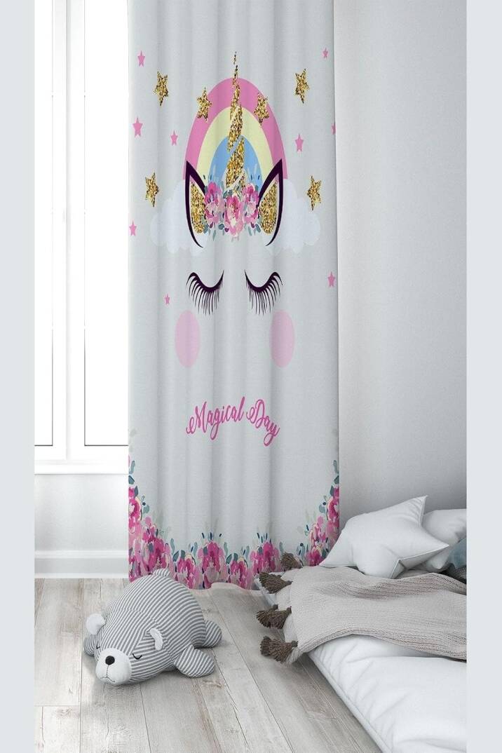 Pelangi Beyaz Kedi Desenli Dijital Baskı Yıkanabilir Bebek Çocuk Odası Fon Perdesi, pembe-beyaz 140 x 200 - 1