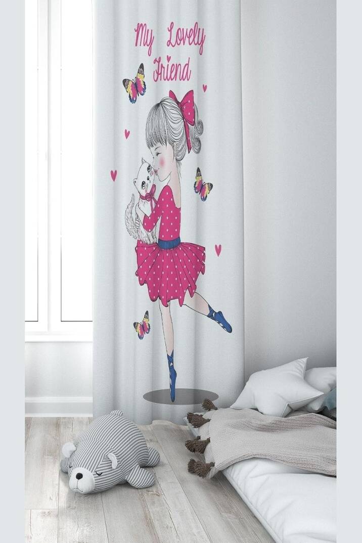 Pelangi Beyaz Kedi Seven Kız Desenli Dijital Baskı Yıkanabilir Bebek Çocuk Odası Fon Perdesi, beyaz-fuşya 70 x 200 - 1