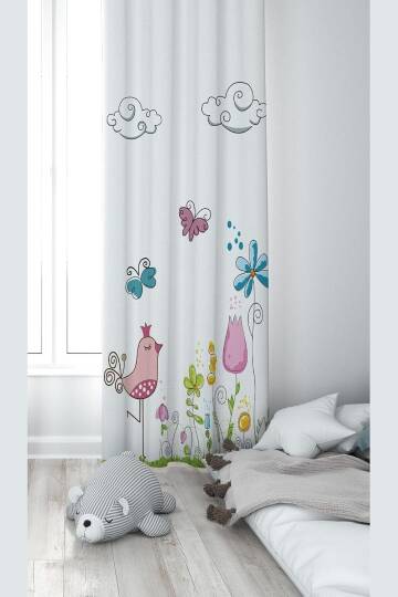Pelangi Beyaz Kuş Ve Doğa Desenli Dijital Baskı Yıkanabilir Bebek Çocuk Odası Fon Perdesi, çok renkli 70 x 270