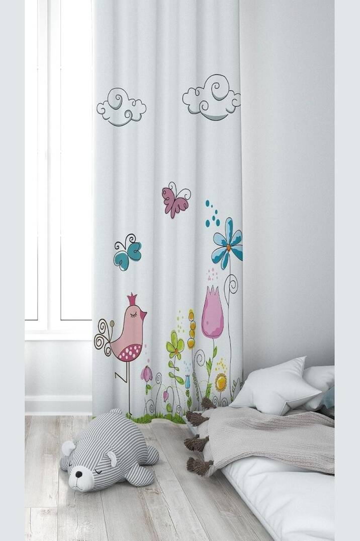 Pelangi Beyaz Kuş Ve Doğa Desenli Dijital Baskı Yıkanabilir Bebek Çocuk Odası Fon Perdesi, çok renkli 70 x 270 - 1