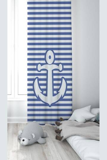 Pelangi Beyaz Mavi Çapa Desenli Dijital Baskı Yıkanabilir Bebek Çocuk Odası Fon Perdesi, indigo mavi-beyaz 70 x 200