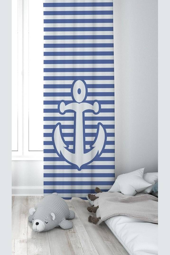 Pelangi Beyaz Mavi Çapa Desenli Dijital Baskı Yıkanabilir Bebek Çocuk Odası Fon Perdesi, indigo mavi-beyaz 70 x 200 - 1