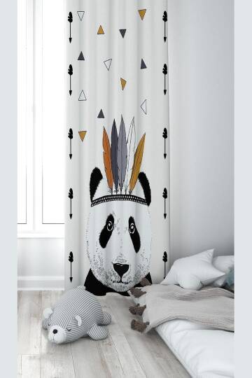 Pelangi Beyaz Panda Desenli Dijital Baskı Yıkanabilir Bebek Çocuk Odası Fon Perdesi, beyaz-siyah 140 x 270