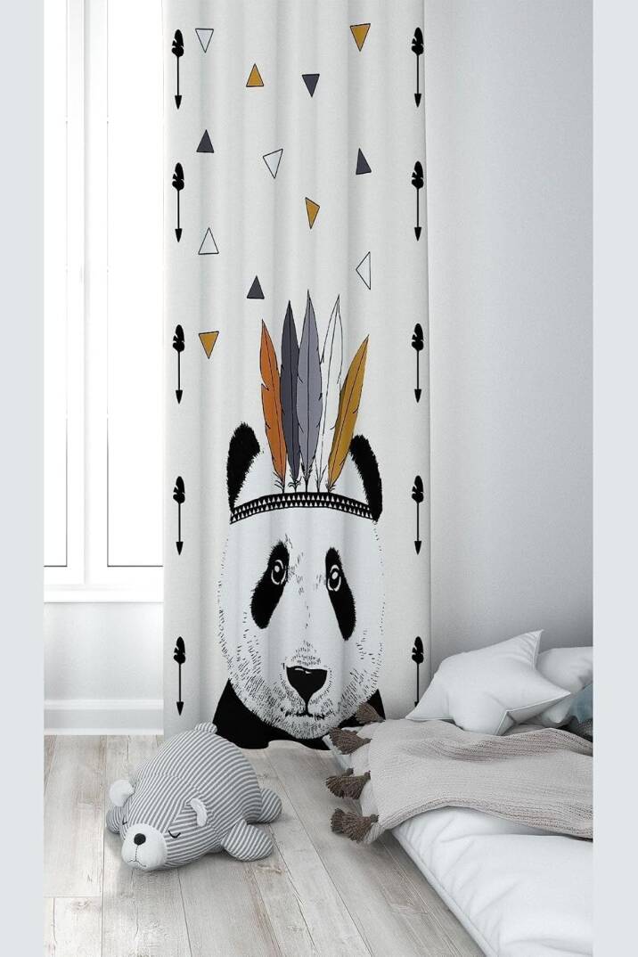Pelangi Beyaz Panda Desenli Dijital Baskı Yıkanabilir Bebek Çocuk Odası Fon Perdesi, beyaz-siyah 140 x 270 - 1