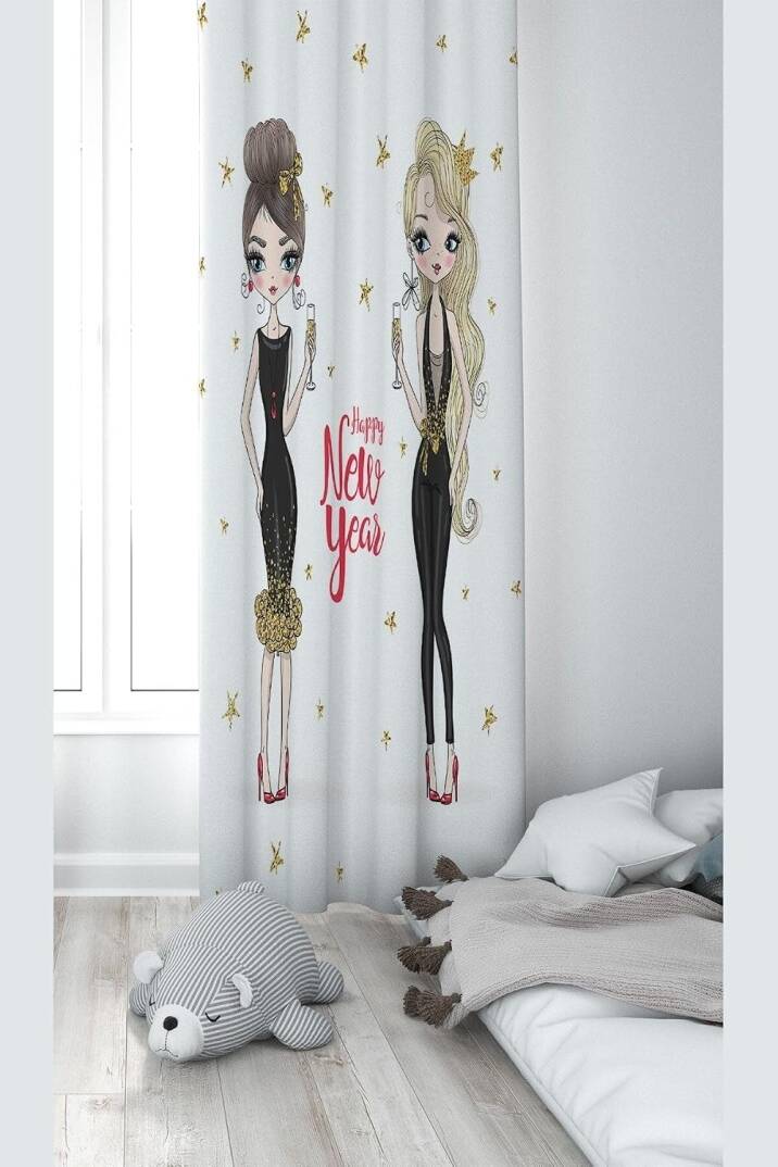 Pelangi Beyaz Partideki Kızlar Desenli Dijital Baskı Yıkanabilir Bebek Çocuk Odası Fon Perdesi, beyaz 70 x 200 - 1
