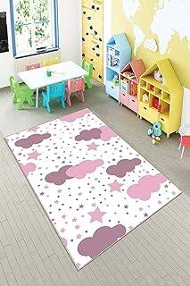 Pelangi Beyaz Pembe Bulut Desenli Yıkanabilir Kaymaz Taban Leke Tutmazbebek Ve Çocuk Odası Halısı, Pembe-Beyaz 120 x 200