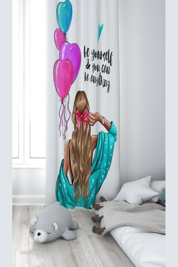 Pelangi Beyaz Prenses Desenli Dijital Baskı Yıkanabilir Bebek Çocuk Odası Fon Perdesi, mavi-pembe 140 x 270
