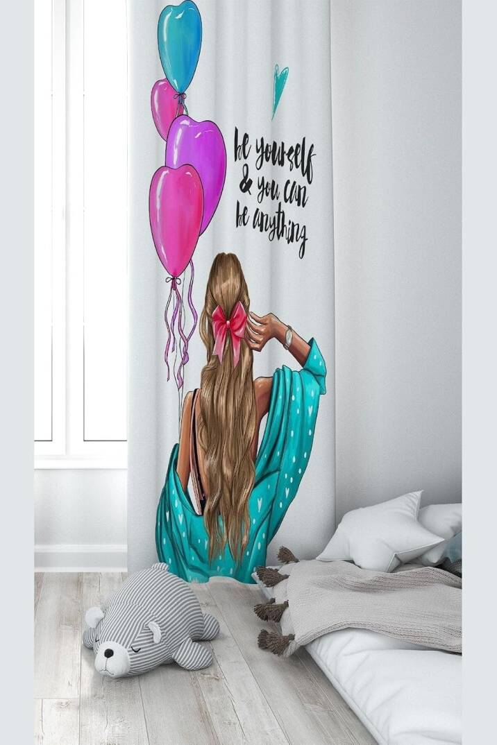 Pelangi Beyaz Prenses Desenli Dijital Baskı Yıkanabilir Bebek Çocuk Odası Fon Perdesi, mavi-pembe 140 x 270 - 1