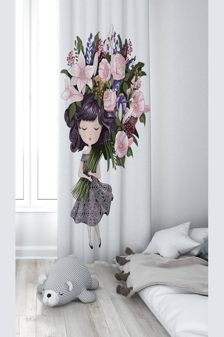 Pelangi Beyaz Prenses Ve Çiçek Desenli Dijital Baskı Yıkanabilir Bebek Çocuk Odası Fon Perdesi, beyaz-yeşil 140 x 200 - 1