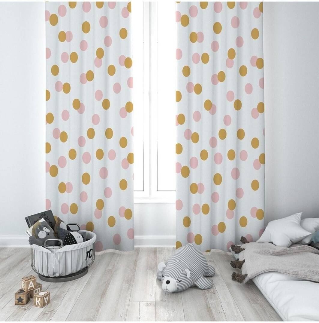 Pelangi Beyaz Puantiyeli Dijital Baskı Yıkanabilir Bebek Çocuk Odası Fon Perdesi, pembe-çizgili 70 x 270 - 1