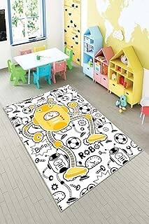 Pelangi Beyaz Robot Desenli Çocuk Yıkanabilir Kaymaz Taban Leke Tutmaz Bebek Ve Çocuk Odası Halısı, Siyah-Beyaz 60 x 120