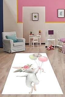 Pelangi Beyaz Zemin Balonlu Tavşan Desenli Yıkanabilir Kaymaz Taban Leke Tutmaz Çocuk Odası Halısı, Beyaz-Gri-Pembe 80 x 500, 7642012208050005 - 1