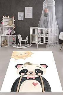 Pelangi Beyaz Zemin Güneş ve Sevimli Panda Yıkanabilir Kaymaz Taban Leke Tutmaz Çocuk Odası Halısı, Turuncu-Siyah-Beyaz 100 x 250, 7642012310025005