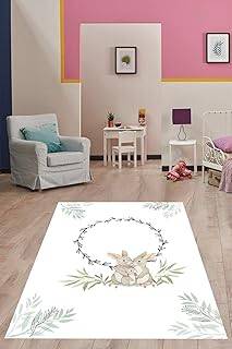 Pelangi Beyaz Zemin Tavşan Ailesi Yaprak Desen Yıkanabilir Kaymaz Taban Leke Tutmaz Çocuk Odası Halısı, Beyaz-Siyah-Mavi 180 x 300, 7642011718030005 - 1