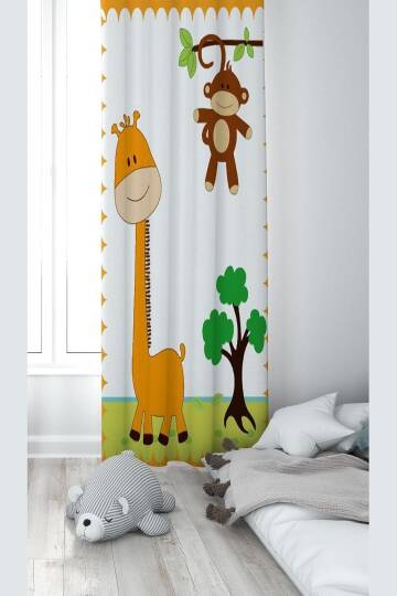 Pelangi Beyaz Zürafa Ve Maymun Desenli Dijital Baskı Yıkanabilir Bebek Çocuk Odası Fon Perdesi, beyaz 140 x 270