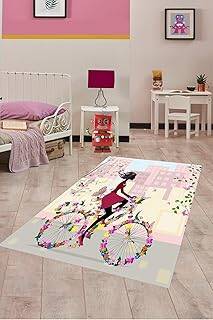 Pelangi Bisiklet Süren Kız Çiçekli Kelebekli Dijital Baskı Yıkanabilir Kaymaz Taban Çocuk Odası Halısı, Çok Renkli 160 x 300