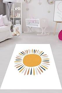 Pelangi Bohem İskandinav Beyaz Zemin Güneş Desenli Yıkanabilir Kaymaz Leke Tutmaz Çocuk Halı, Beyaz-Sarı 160 x 350
