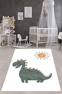 Pelangi Bohem İskandinav Güneş Ve Dinozor Desen Yıkanabilir Kaymaz Taban Leke Tutmaz Çocuk Odası Halısı, Beyaz-Yeşil-Kahverengi 180 x 300, 7642013318030005