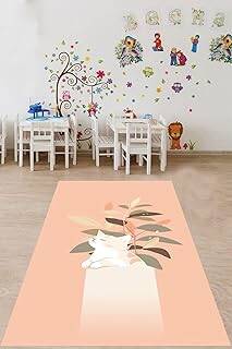 Pelangi Bohem İskandinav Tarz Minimal Kedili Yıkanabilir Kaymaz Taban Leke Tutmaz Çocuk Odası Halısık, Somon-Yeşil 60 x 200 - 1