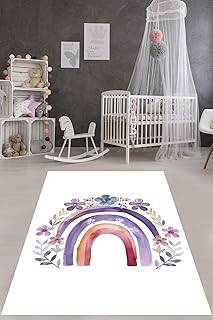 Pelangi Bohem İskandinva Minimal Tarz Gökkuşağı Yıkanabilir Kaymaz Taban Leke Tutmaz Çocuk Odası Halısık, Beyaz-Mor-Lila 80 x 400