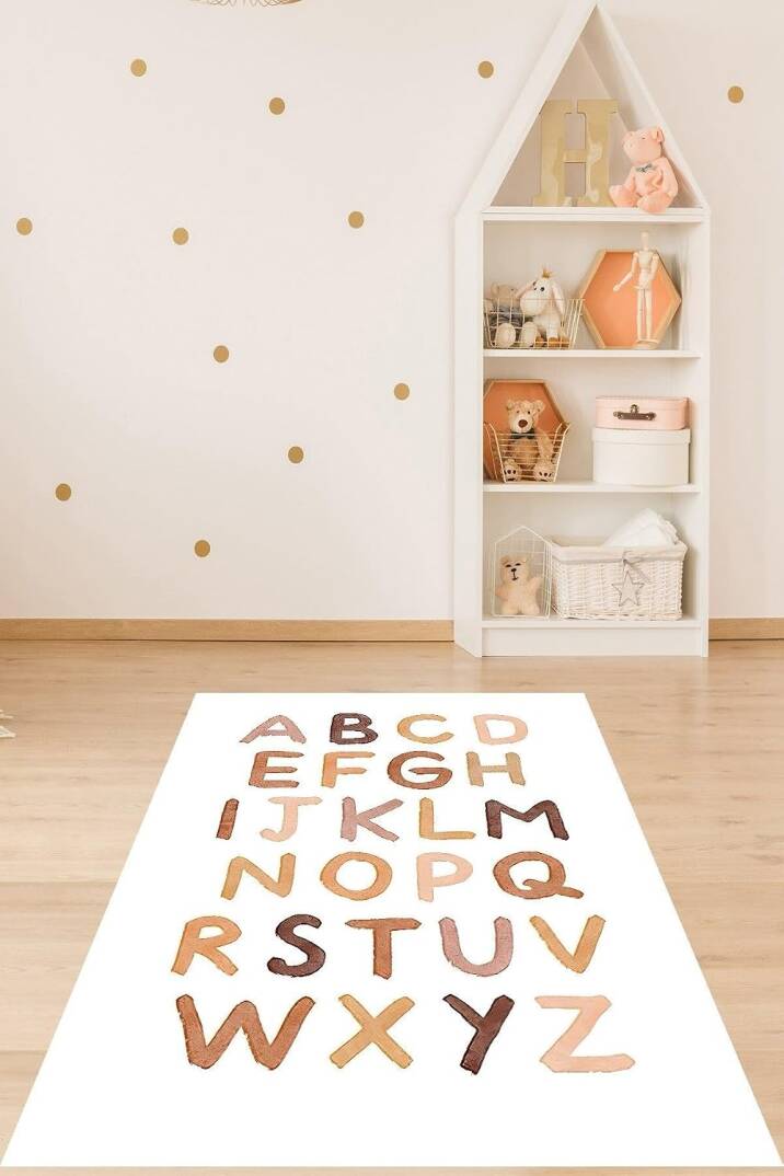 Pelangi Bohem Renk Tonları Alfabe Yıkanabilir Kaymaz Taban Leke Tutmaz Çocuk Odası Halısı, Beyaz-Kahverengi 160 x 300 - 1