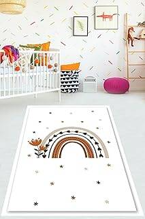 Pelangi Bohemian İskandinav Tarz Gökkuşağı Çiçekli Yıkanabilir Kaymaz Taban Leke Tutmaz Çocuk Odası Halısı, Beyaz-Kahve-Gri 160 x 230 - 1