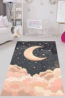 Pelangi Bulut Ay Yıldız Desenli Gece Temalı Yıkanabilir Kaymaz Taban Leke Tutmaz Çocuk Odası Halısı, Siyah-Pembe 80 x 150, 907642023480150 - 1