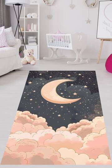 Pelangi Bulut Ay Yıldız Desenli Gece Temalı Yıkanabilir Kaymaz Taban Leke Tutmaz Çocuk Odası Halısı, Siyah-Pembe 80 x 150, 907642023480150