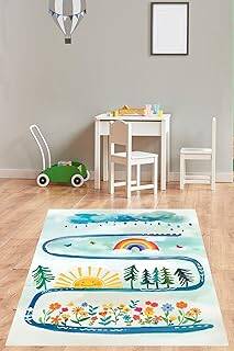 Pelangi Bulut Gökkuşağı Güneş Renkli Çiçekler Desenli Yıkanabilir Kaymaz Taban Leke Tutmaz Çocuk Odası Halı, Mavi-Yeşil-Sarı 100 x 250, 7642013610025005 - 1