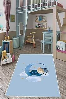 Pelangi Bulut Üstünde Sevimli Ayı Desenli Dijital Baskı Yıkanabilir Kaymaz Taban Çocuk Ve Bebek Odası Halısı, Açık Mavi 160 x 300 - 1