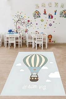 Pelangi Bulut ve Uçan Balon Temalı Yıkanabilir Kaymaz Taban Leke Tutmaz Çocuk Odası Halısı, Mavi 80 x 600 - 1