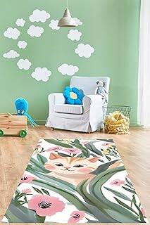 Pelangi Büyük Yaprakların Arasında Sevimli Kedi Çiçekli Yıkanabilir Kaymaz Taban Leke Tutmaz Çocuk Halısı, Yeşil-Beyaz 100 x 250 - 1