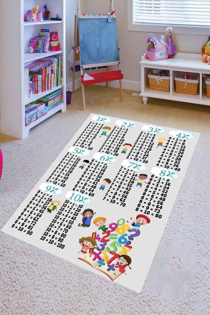 Pelangi Çarpım Tablosu Desenli Dijital Baskılı Kaymaz Taban Yıkanabilir Çocuk Odası Halısı, Gri 80 x 600 - 1