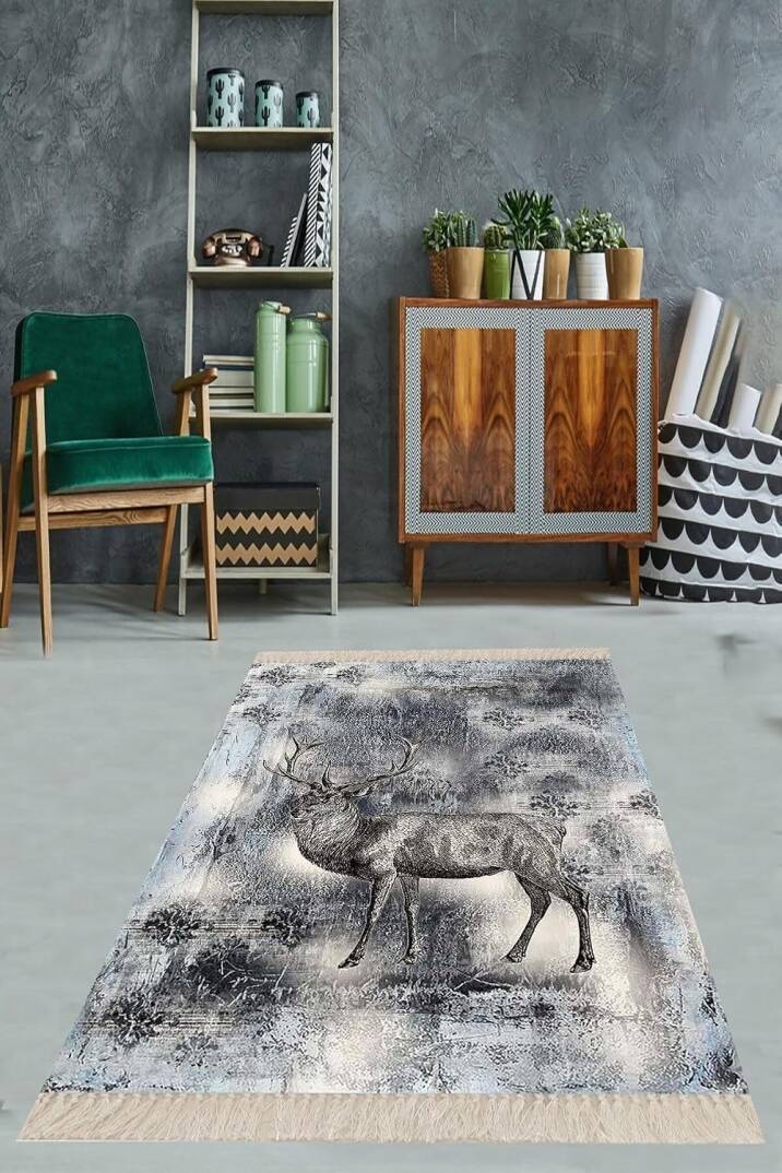Pelangi Ceylan Desenli Dijital Baskı Yıkanabilir Kaymaz Taban Modern Salon Halısı Ve Yolluk, Antrasit-Gri 160 x 240 - 1