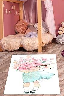Pelangi Çiçek Buketi Taşıyan Sevimli Kız Yıkanabilir Kaymaz Taban Leke Tutmaz Çocuk Odası Halısık, Pembe-Beyaz-Mavi 180 x 280, 76420141802801 - 1