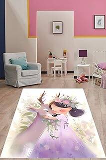 Pelangi Çiçek Taçlı Geyik Seven Kız Yıkanabilir Kaymaz Taban Leke Tutmaz Çocuk Odası Halısı, Lila-Beyaz 160 x 230 - 1