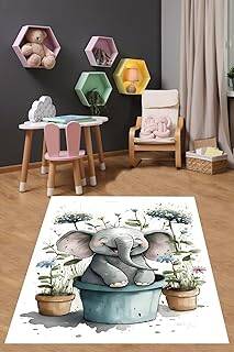 Pelangi Çiçekli Bebek Fil Dijital Baskı Yıkanabilir Kaymaz Taban Leke Tutmaz Çocuk Odası Halısı, Gri-Beyaz-Mavi 100 x 200, 7642014710020005 - 1