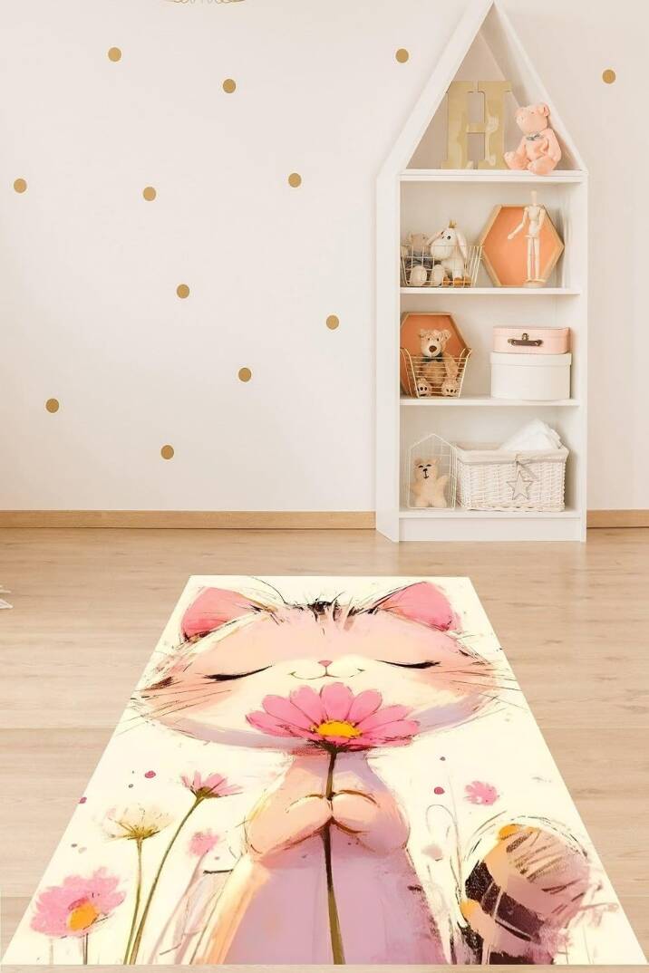 Pelangi Çiçekli Kedicik Yıkanabilir Kaymaz Taban Leke Tutmaz Çocuk Odası Halısı, Beyaz-Pembe-Kahverengi 80 x 250 - 1
