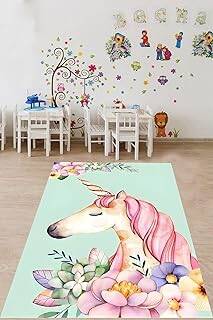 Pelangi Çiçeli Tek Boynuzlu At Yıkanabilir Kaymaz Taban Leke Tutmaz Çocuk Odası Halısı, Yeşil-Pembe 160 x 250 - 1