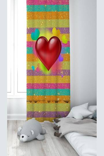 Pelangi Çok Renkli Kalp Desenli Dijital Baskı Yıkanabilir Bebek Çocuk Odası Fon Perdesi, çok renkli 140 x 200