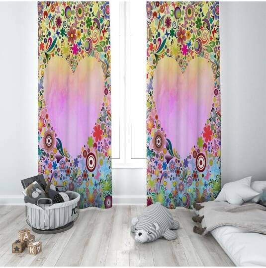 Pelangi Çok Renkli Kalp Desenli Dijital Baskı Yıkanabilir Bebek Çocuk Odası Fon Perdesi, pembe-renkli 140 x 270