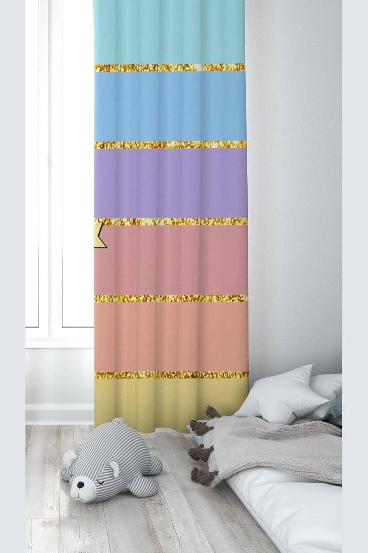 Pelangi Çok Renkli Yaldız Geçişli Dijital Baskı Yıkanabilir Bebek Çocuk Odası Fon Perdesi, karışık renkli 70 x 270 - 1