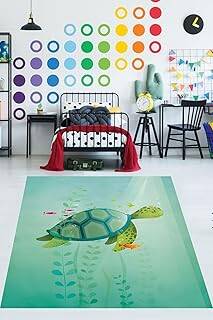 Pelangi Deniz Kaplumbağası Bohem Tarzı İskandinav Yıkanabilir Kaymaz Taban Leke Tutmaz Çocuk Odası Halısı, Yeşil 100 x 200, 764209310020005 - 1