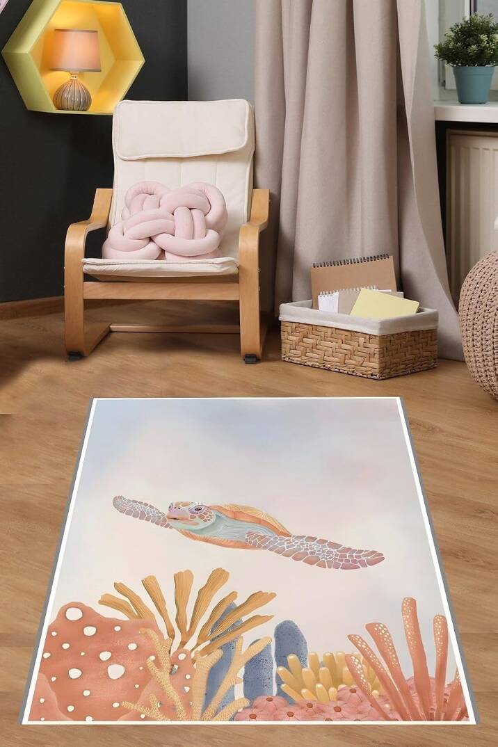 Pelangi Denizaltı Caretta Caretta Kaplumbağa Yıkanabilir Kaymaz Taban Leke Tutmaz Çocuk Odası Halısı, Mavi-Turuncu 100 x 300 - 1