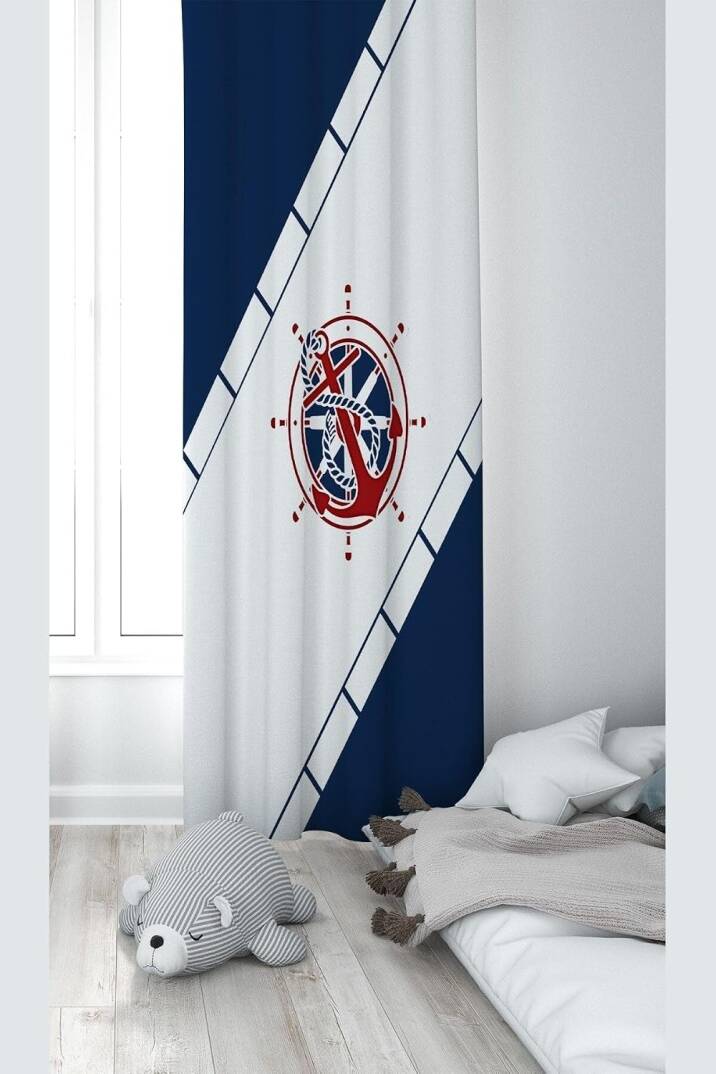 Pelangi Denizci Çapa Desenli Dijital Baskı Yıkanabilir Bebek Çocuk Odası Fon Perdesi, lacivert-beyaz 140 x 200 - 1