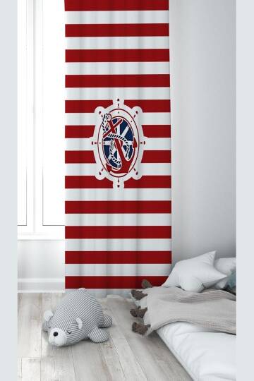 Pelangi Denizci Dümen Ve Çapa Desenli Dijital Baskı Yıkanabilir Bebek Çocuk Odası Fon Perdesi, kırmızı-beyaz 140 x 240