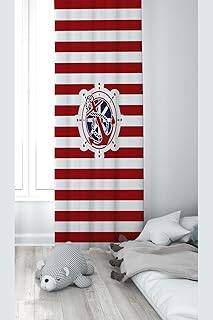 Pelangi Denizci Dümen Ve Çapa Desenli Dijital Baskı Yıkanabilir Bebek Çocuk Odası Fon Perdesi, kırmızı-beyaz 140 x 240 - 1