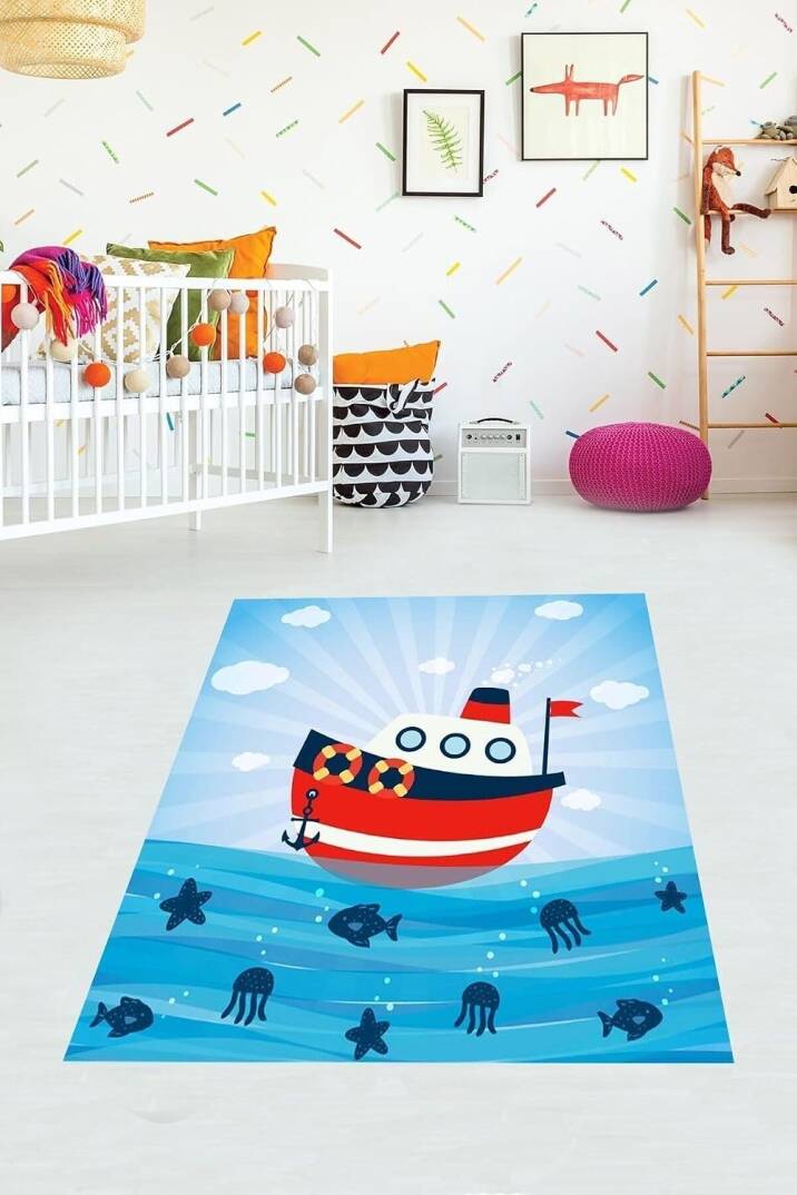 Pelangi Denizci Gemi Desenli Dijital Baskı Yıkanabilir Kaymaz Taban Çocuk Odası Halısı, Mavi 80 x 350 - 1